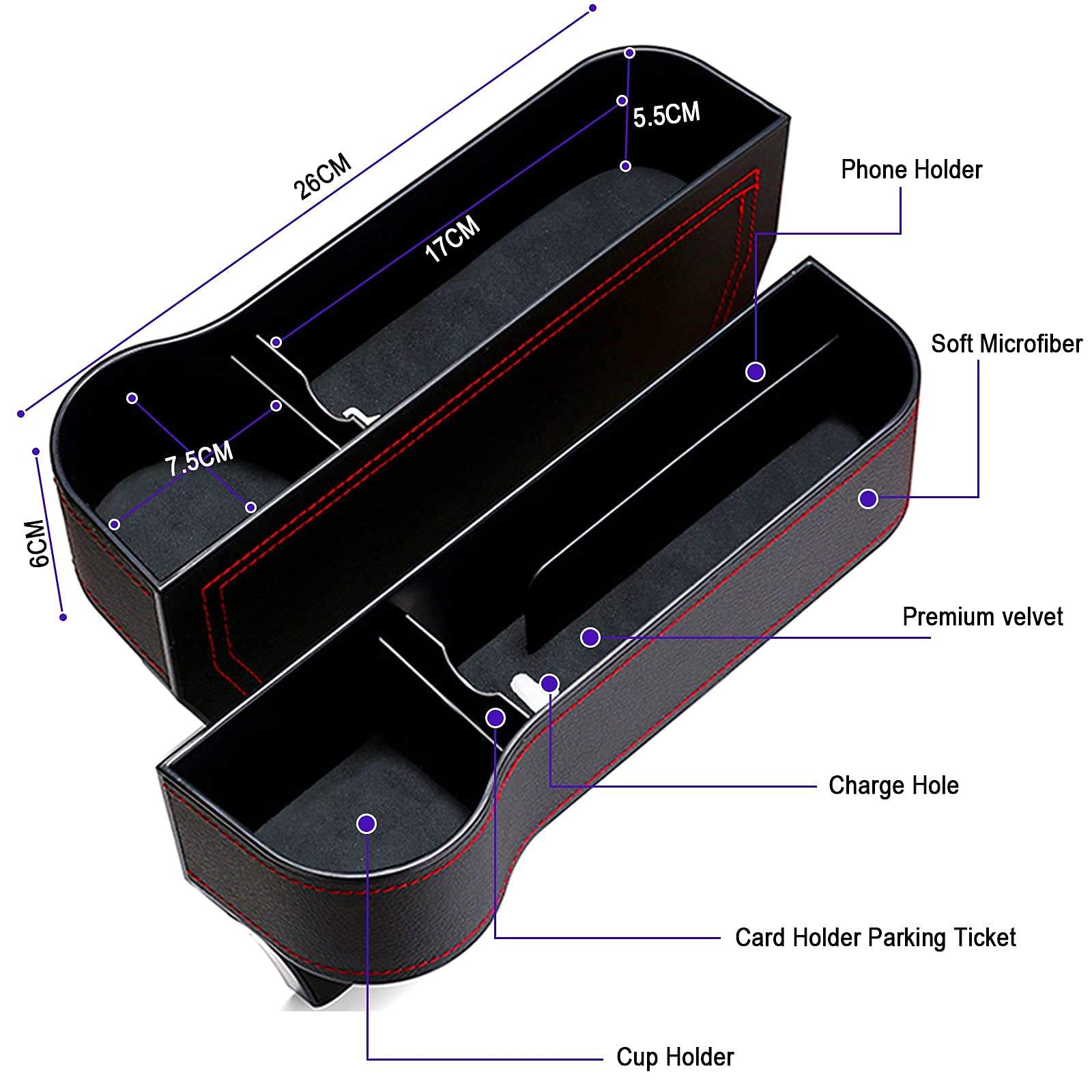 PU Leather Car Seat Gap Organizer Box - Universal Co<i></i>nsole Side Storage with Cup Holder - CD001 Model